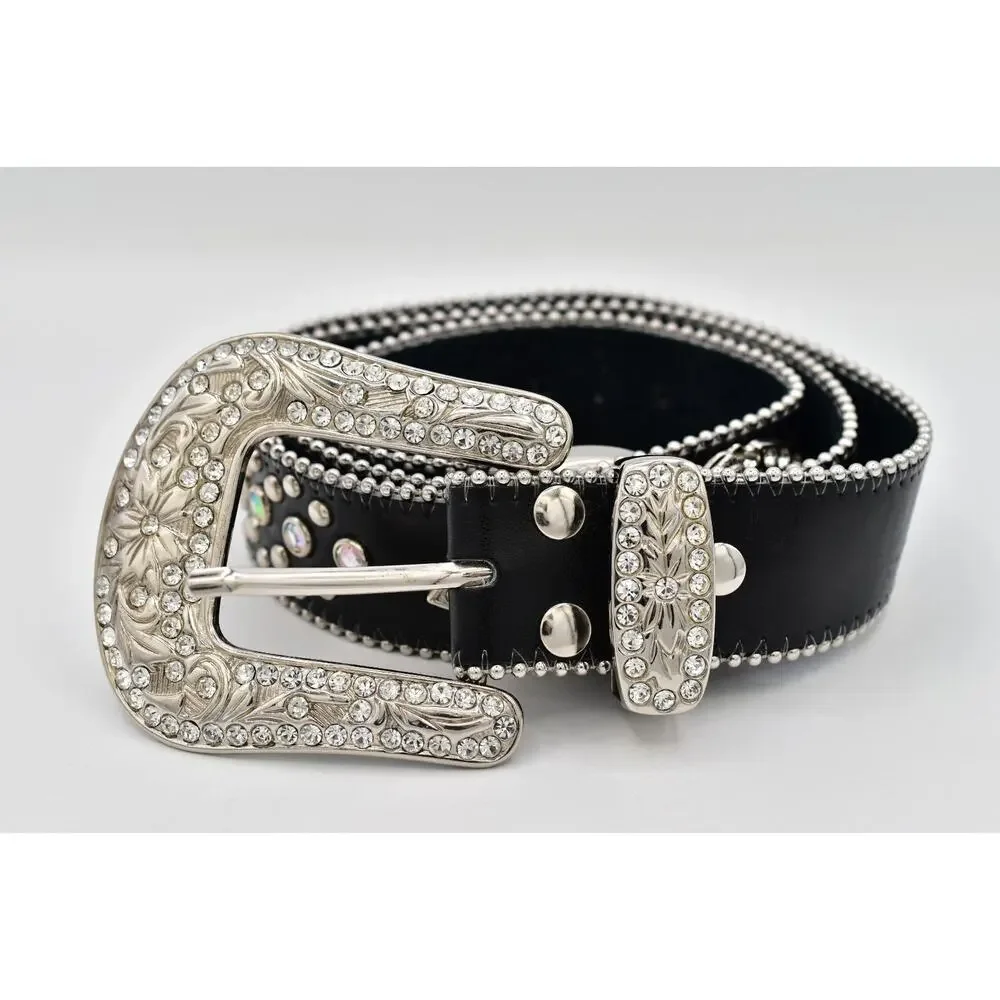 Black Genuine Leather Rhinestone Western Belt M/L Silver Studded Crystal Y2K